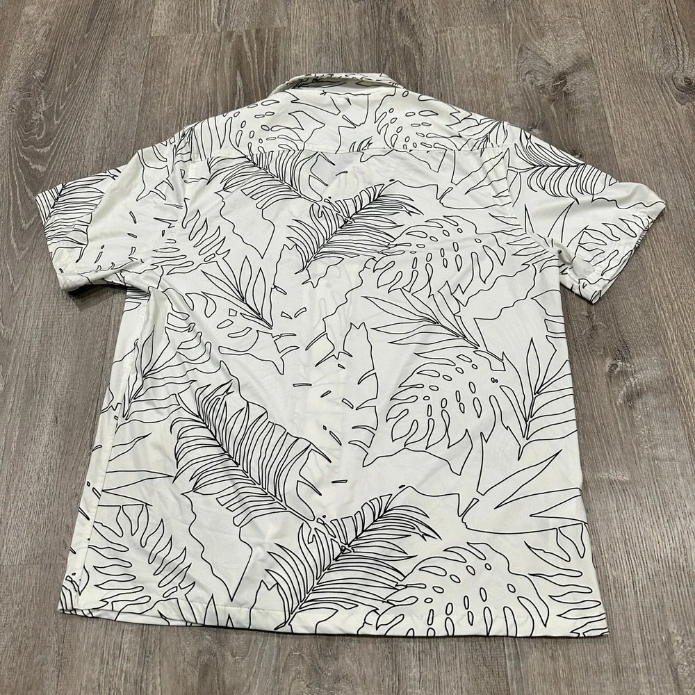 Porter & Ash Kinetic Stretch Mens‎ Large White Black Tropical Leaf Button Down